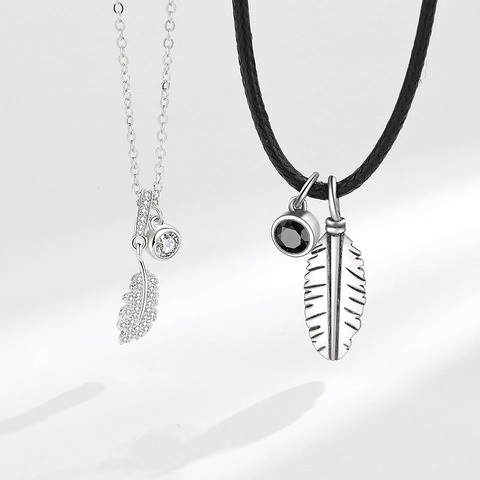 S925 Sterling Silver Feather Couple Necklace Set For Men Women Minimalist Zirconia Pendant Clavicle Chain Valentine Gift