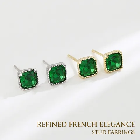 Orecchini a Bottone S925 Argento Zirconia Verde Smeraldo Quadrati Geometrici Vintage Francese Intarsiati Donna Gioielli