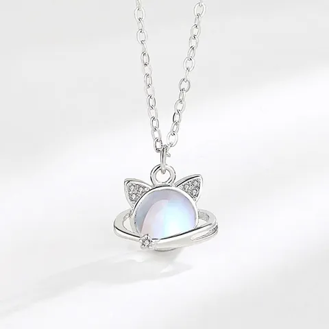 Collana con Ciondolo a Forma di Gatto e Pianeta in Argento Sterling 925 per Donna Gioielli con Catena di Strass Oro Argento