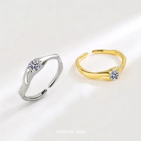 Anello Aperto in Argento Sterling S925 a Forma di Onda Irregolare Per Donna Regolabile Minimalista Con Zirconia Gioielli Moda