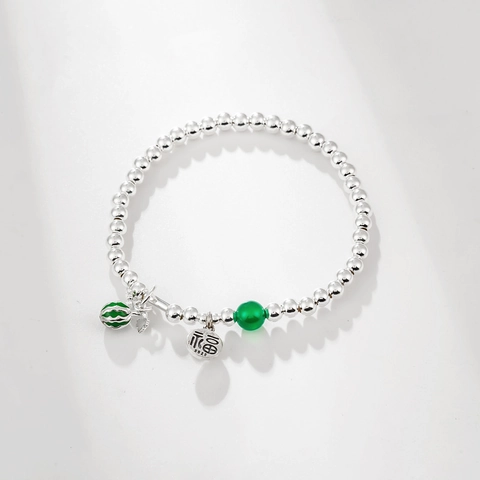Pulsera de Cuentas de Plata de Ley S925 para Mujer Etiqueta de Carácter Fu de la Suerte Sandía Esmalte Joyería Regalo