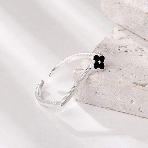 S925 Sterling Silver Square Open Ring For Women Black Clover Flower Geometric Adjustable Finger Ring Minimalist Jewelry Gift
