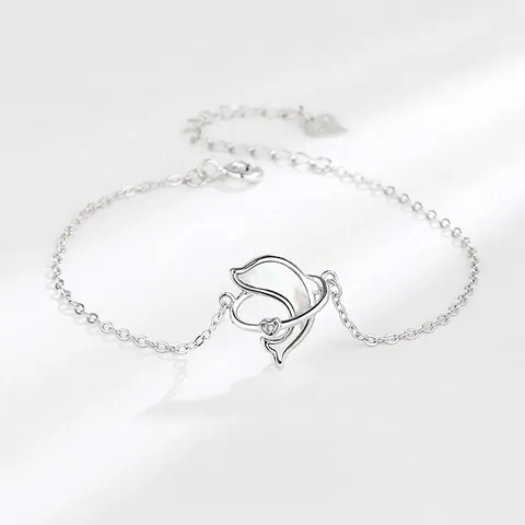 Pulsera Amor Delfín de Plata de Ley 925 para Mujer con Nácar Blanco y Strass Cadena Ajustable Joyería de Regalo