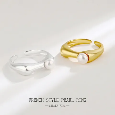Minimalistische S925 Sterling Zilver Onregelmatige Golf Open Ring Franse Vintage Zoetwaterparel Verstelbare Gouden Ringen
