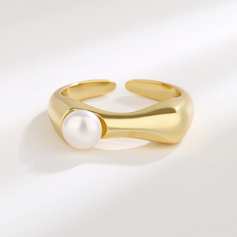 Minimalistische S925 Sterling Zilver Onregelmatige Golf Open Ring Franse Vintage Zoetwaterparel Verstelbare Gouden Ringen
