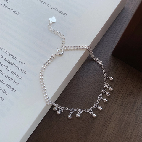 Bracciale S925 in Argento Sterling con Perline e Nappe Ciondoli a Doppia Catena con Sfera Rotonda Gioielli Minimalisti per Donna