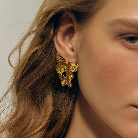 Vlinder Oorbellen En Ring Sieraden Roestvrij Staal 18K Verguld Waterdicht Hypoallergeen Elegant Mode Vrouwen