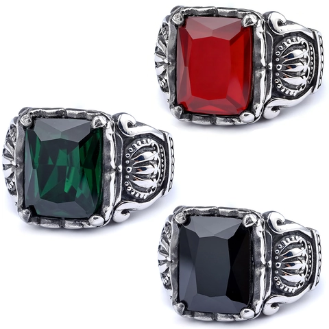 Vintage Men Signet Ring Stainless Steel With Rectangular Zircon Crown Carving Gothic Punk Jewelry