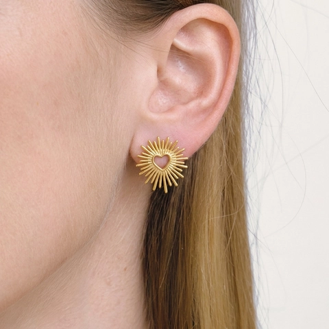 Heart Stud Earrings Stainless Steel Sunburst Sunray Design Gold Plated Hypoallergenic Fashion Jewelry For Women