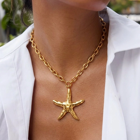 Collana Con Ciondolo A Stella Marina Martellata Esagerata Con Catena A Maglie Pesanti Acciaio Inossidabile 304 Oro 18K
