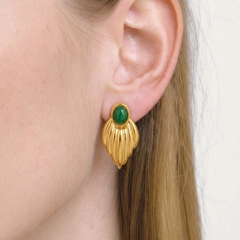 Stainless Steel Fan Leaf Stud Earrings With Green Agate Gemstone For Women Waterproof Hypoallergenic Retro