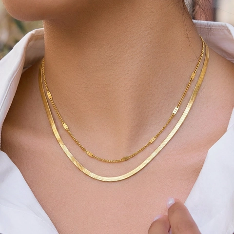 Collier Double Rang Plaqué Or 18K Acier Inoxydable 304 Chaîne Serpent Style Minimaliste Bijoux Étanche Pour Femmes
