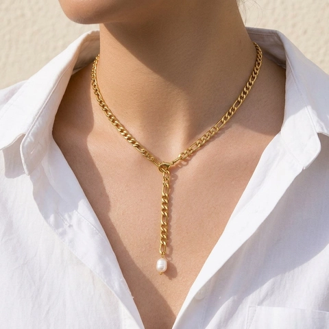 Barock Süßwasserperle Anhänger Halskette 18K Vergoldeter Edelstahl Figaro Kette Wasserdichter Schmuck Für Frauen