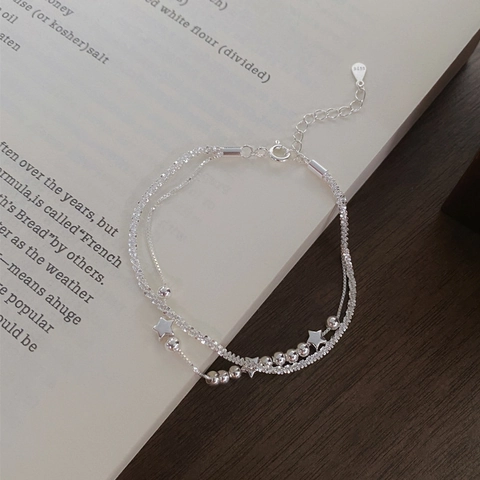S925 Sterlingsilber Doppelschichtig Stern Armband Für Damen Funkelnde Perlen Pentagramm Kette Verstellbar Mode Schmuck Geschenk