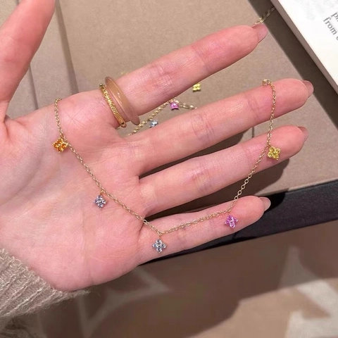 925 Sterling Silver Colorful Clover Pendant Necklace For Women S925 Gold Plated Sweet Flower Clavicle Chain Jewelry Gift