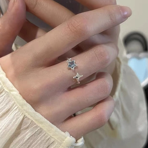 Anillo Abierto Estrella Azul Irregular de Plata de Ley 925 para Mujer Ajustable Moda Diamantes de Imitación Estrella Joyería