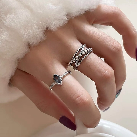 Vintage 925 Sterling Silver Irregular Hammered Open Ring For Women Marquise Blue Zirconia Adjustable Finger Ring Jewelry