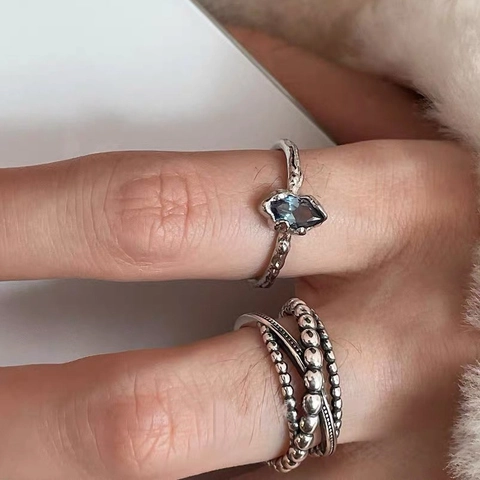 Vintage 925 Sterling Silver Irregular Hammered Open Ring For Women Marquise Blue Zirconia Adjustable Finger Ring Jewelry