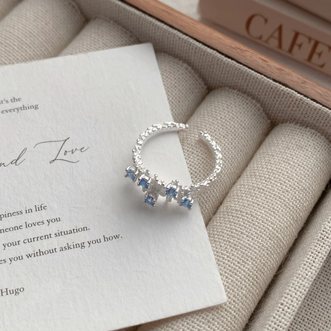 925 Sterlingsilber Unregelmäßiger Falten Ring Blau Zirkonia Verstellbarer Offener Ring Für Damen Vintage Künstlerischer Textur Schmuck