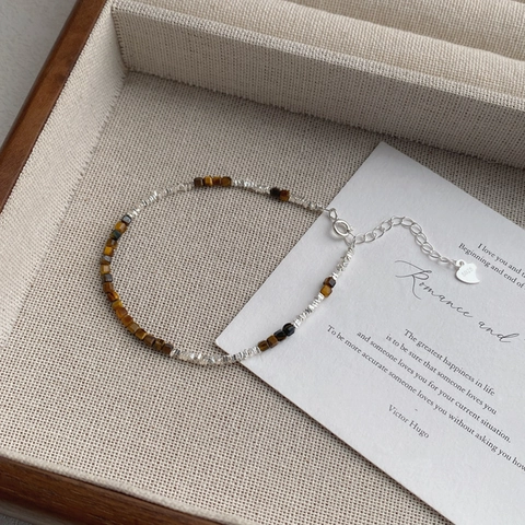 Minimalist 925 Sterling Silver Bracelet Natural Tiger Eye Stone Beads Adjustable Chain Heart Pendant Jewelry For Women
