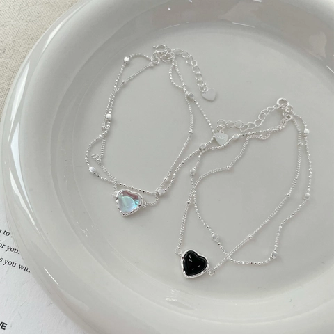 S925 Sterlingsilber Doppelschichtige Herz Mondstein Schwarzer Achat Armband Für Damen Minimalistisch Süß Elegant Schmuck Geschenk