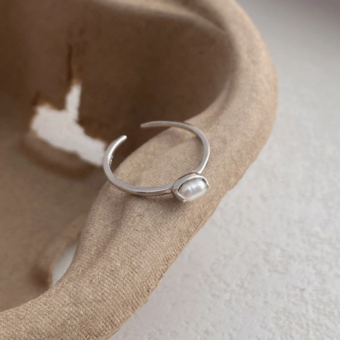 S925 Sterling Silver Natural Rice Artificial Pearl Open Ring Adjustable Geometric Minimalist Dainty Finger Ring For Women Elegant Jewelry