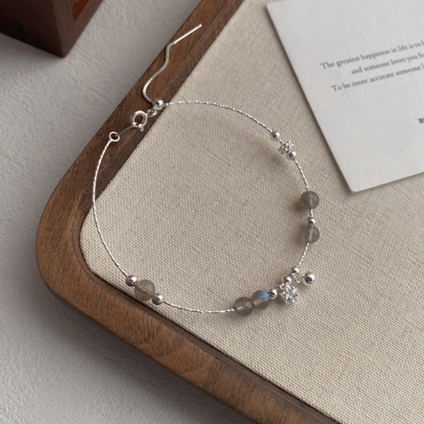 S925 Sterling Silver Bracelet With Natural Labradorite Star Zirconia Pendant Adjustable Beaded Chain Jewelry For Women