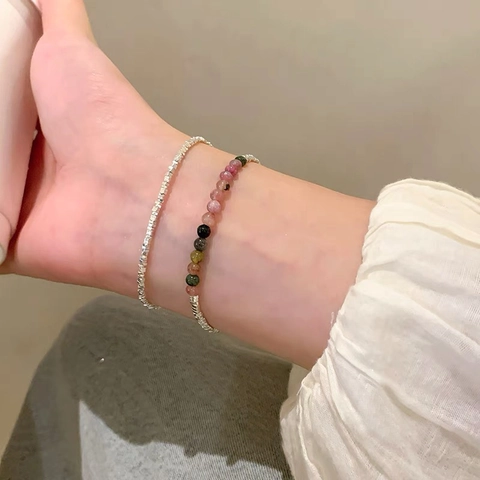 925 Sterling Silver Colorful Tourmaline Beaded Bracelet For Women Handmade Minimalist Geometric Hand Jewelry Light Luxury Gift