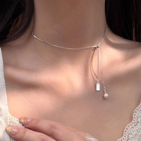 925 Sterlingsilber Verstellbare Perlen Lariat Kette Für Damen Geometrischer Rechteck Anhänger Boxkette Minimalistischer Schmuck