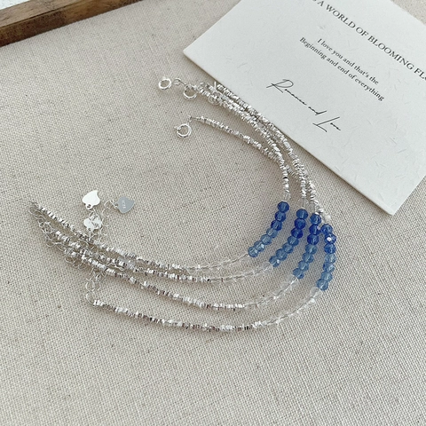 Bracciale in Argento Sterling S925 per Donna Bangle di Perline di Cristallo Artificiale Blu Pendente a Cuore Gioielli