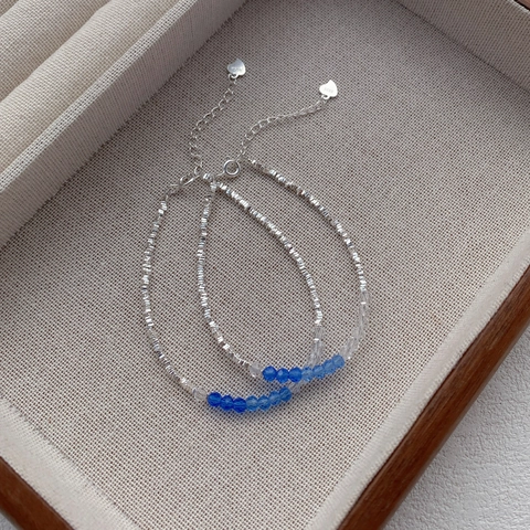 Bracciale in Argento Sterling S925 per Donna Bangle di Perline di Cristallo Artificiale Blu Pendente a Cuore Gioielli