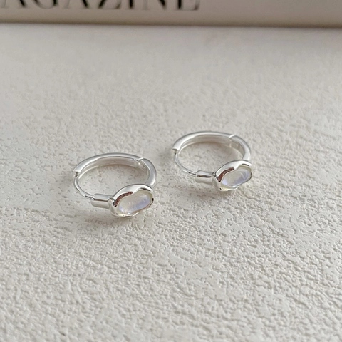Orecchini a Cerchio in Argento Sterling 925 Con Pietra di Luna Per Donna Minimalisti Ovali Iridescenti Gioielli Moda
