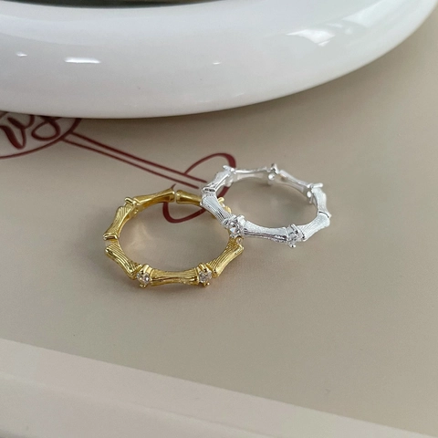 925 Sterlingsilber Vintage Bambus Gelenk Offener Ring Für Damen Verstellbar Eingelegter Zirkonia Gebürsteter Textur Luxus Ring