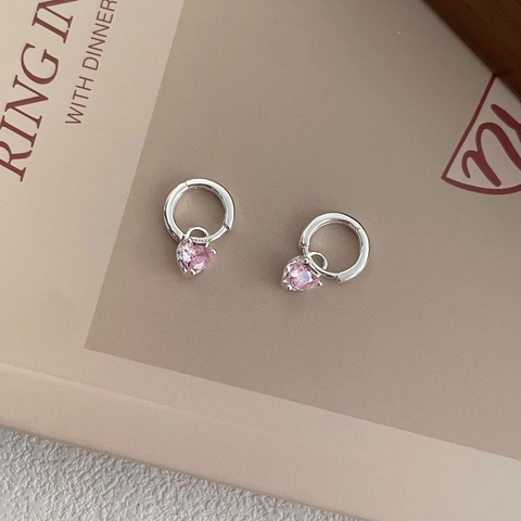 S999 Sterling Zilver Roze Hart Zirconia Oorknoppen Voor Vrouwen Minimalistisch Sierlijke Hanger Druppel Oorbellen Sieraden