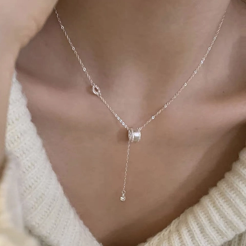 Collana con Pendente a Cilindro in Argento Sterling S999 per Donna Lussuosa Catena a Clavicola con Nappa Intarsiata in Zirconia Gioielli