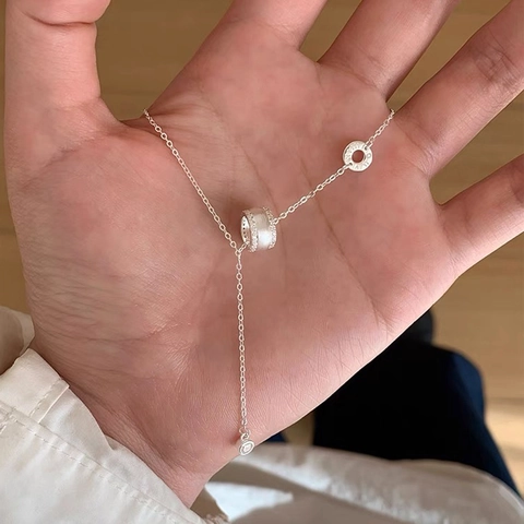 Collana con Pendente a Cilindro in Argento Sterling S999 per Donna Lussuosa Catena a Clavicola con Nappa Intarsiata in Zirconia Gioielli