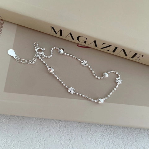 Bracciale a Fiori in Argento Sterling S925 Con Perle Laser Scintillanti per Donna Design Minimalista Gioielli di Lusso