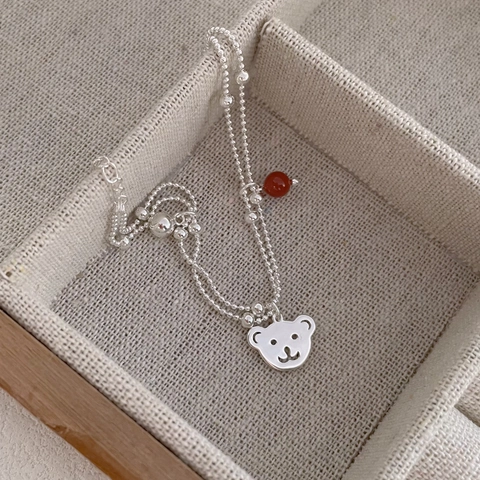 S925 Sterlingsilber Süßer Bär Doppelschicht Armband Für Damen Roter Achat Perlen Minimalistischer Koreanischer Stil Modeschmuck Geschenk