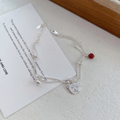 S925 Sterlingsilber Süßer Bär Doppelschicht Armband Für Damen Roter Achat Perlen Minimalistischer Koreanischer Stil Modeschmuck Geschenk