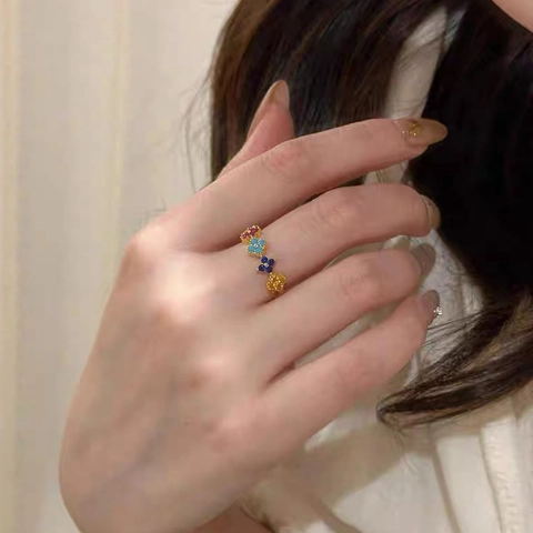 Anello Aperto Regolabile a Forma di Fiore Arcobaleno in Argento Sterling 925 con Zirconia Colorata Intarsiata Gioielli da Donna