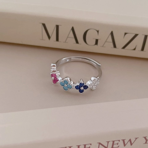 Anello Aperto Regolabile a Forma di Fiore Arcobaleno in Argento Sterling 925 con Zirconia Colorata Intarsiata Gioielli da Donna