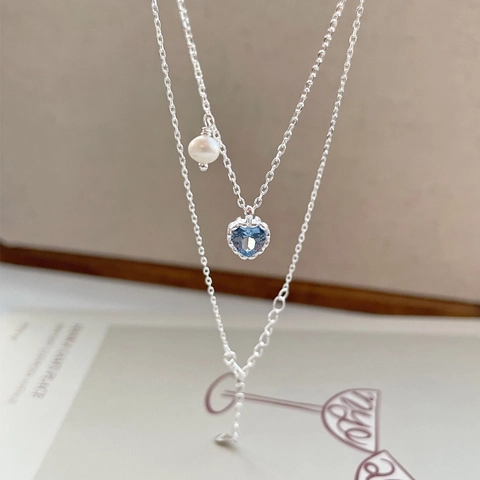 Collana in Argento Sterling S925 Con Cuore Blu Zircone e Perla de Agua Dulce per Donna Stile Coreano Romantica Catena a Clavicola