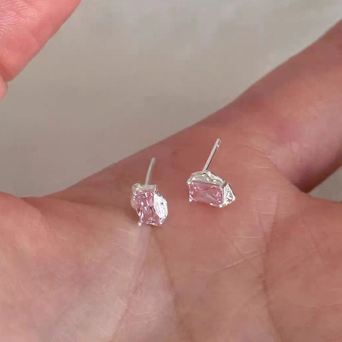 S999 Feinsilber Rosa Zirkonia Ohrstecker Geometrische Rechteckige Schliff Elegante Nischen Design Leichter Luxus Schmuck Damen