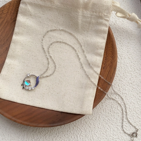 Collana in Argento Puro S999 Con Pietra di Luna e Coda di Pesce per Donna Pendente in Smalto e Strass Gioielli alla Moda Regalo
