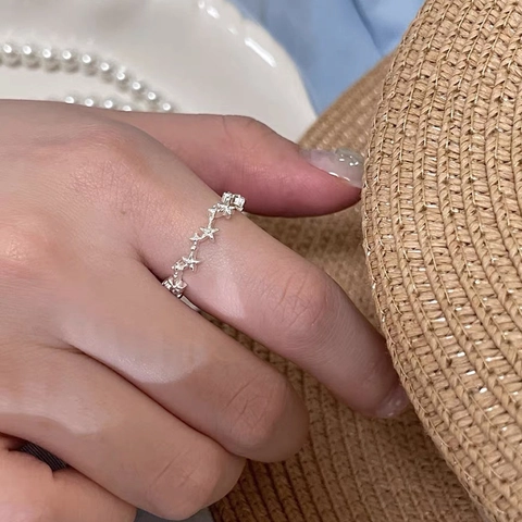 925 Plata de Ley Estrella Anillo Abierto para Mujer Exquisito Ajustable Pentagrama Anillo de Dedo Lujo Ligero Joyería Moda