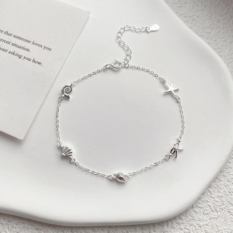 S999 Argento Sterling Stile Oceano Stella Marina Fiocco Conchiglia Braccialetto con Ciondoli per Donna Gioielli da Mano Eleganti per Vacanza