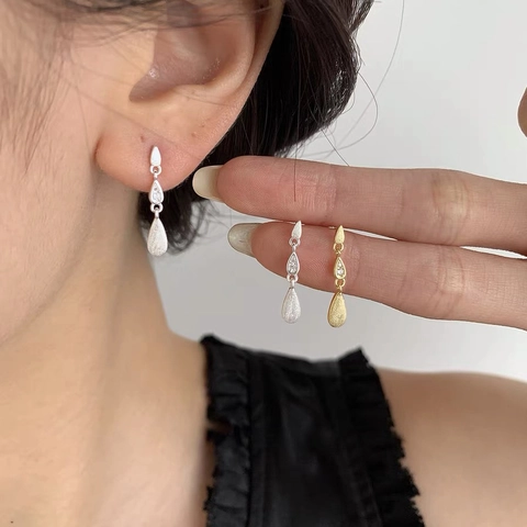 Pendientes de Gota de Agua Cepillada de Plata de Ley S999 Para Mujeres Lujo Ligero Vintage Circonia Joyería Elegante Delicada