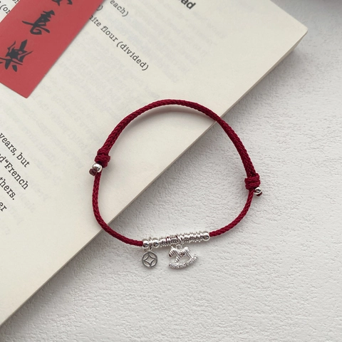 S925 Sterling Silver Red String Bracelet For Women New Chinese Style National Zodiac Horse Coin Rhinestone Braided Rope Bracelet Jewelry Gift