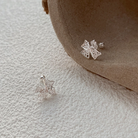 S999 Sterling Silver Hollow Bow Stud Earrings For Women Exquisite Rhinestone Bowknot Screw Back Studs Polished Fashion Jewelry