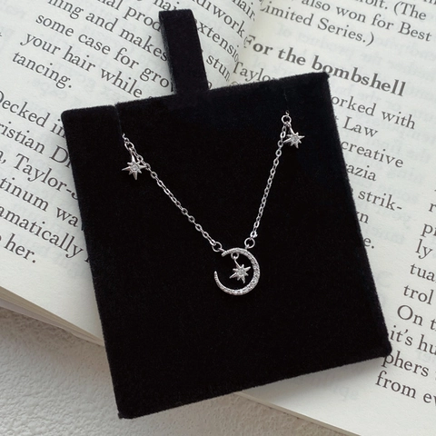 S999 Sterling Silver Star Moon Pendant Necklace For Women Fine Zirconia Inlaid Adjustable Clavicle Chain Jewelry Elegant Gift